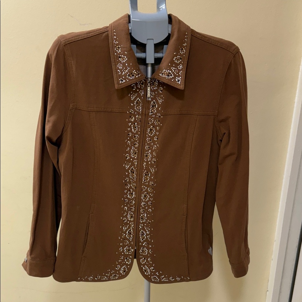 Quacker Factory Brown Embellished Zip Jacket